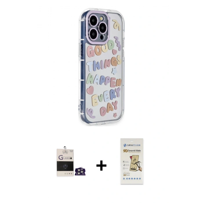MARSİLYAN™- iPhone 14 Pro Max Kılıf Ahenk Modern Serisi - Siyah Mat Seramik Nano Ekran Koruyucu + Bilvis Titan Kamera Lens - GS