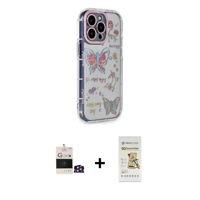 MARSİLYAN™- iPhone 14 Pro Max Kılıf Ahenk Modern Serisi - Siyah Mat Seramik Nano Ekran Koruyucu + Bilvis Titan Kamera Lens - GD