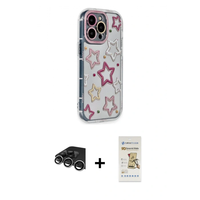 MARSİLYAN™- iPhone 14 Pro Max Kılıf Ahenk Modern Serisi - Siyah Mat Seramik Nano Ekran Koruyucu + Raze Metal Kamera Lens - GS