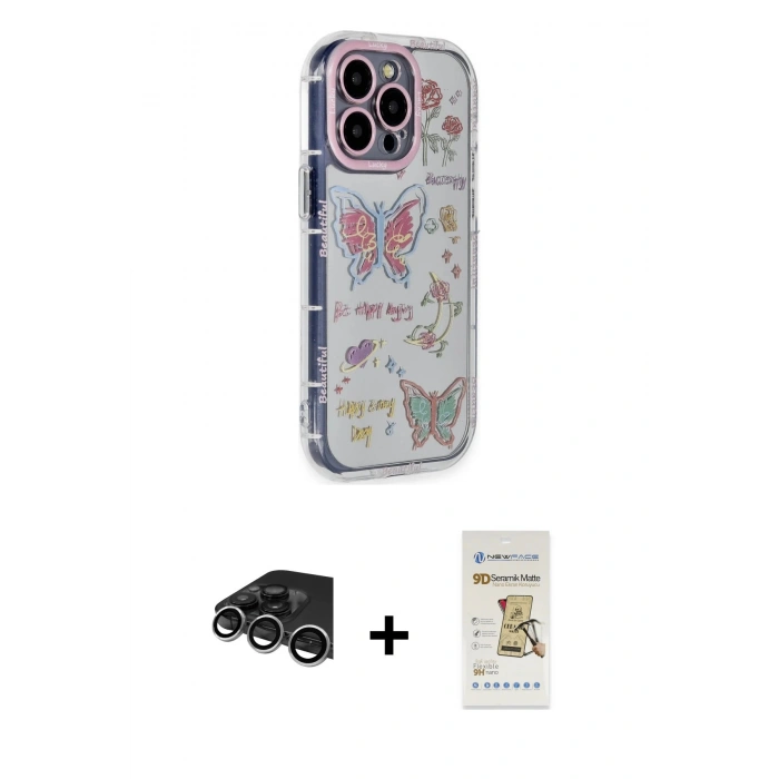 MARSİLYAN™- iPhone 14 Pro Max Kılıf Ahenk Modern Serisi - Siyah Mat Seramik Nano Ekran Koruyucu + Raze Metal Kamera Lens - GS
