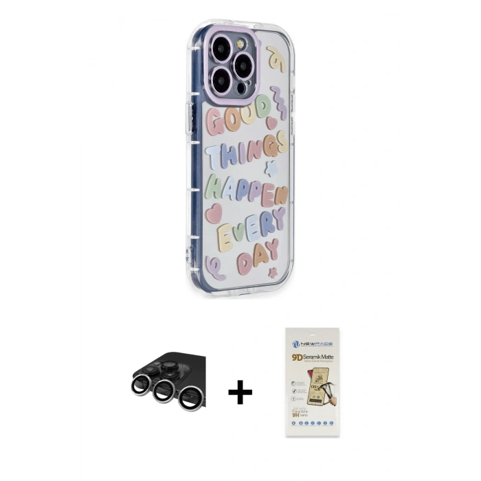 MARSİLYAN™- iPhone 14 Pro Max Kılıf Ahenk Modern Serisi - Siyah Mat Seramik Nano Ekran Koruyucu + Raze Metal Kamera Lens - GS
