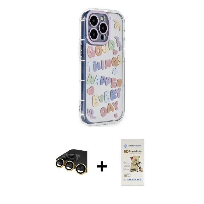 MARSİLYAN™- iPhone 14 Pro Max Kılıf Ahenk Modern Serisi - Siyah Mat Seramik Nano Ekran Koruyucu + Raze Metal Kamera Lens - GD