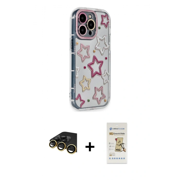 MARSİLYAN™- iPhone 14 Pro Max Kılıf Ahenk Modern Serisi - Siyah Mat Seramik Nano Ekran Koruyucu + Raze Metal Kamera Lens - GD