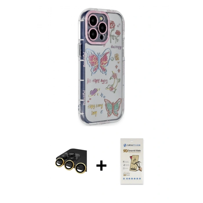 MARSİLYAN™- iPhone 14 Pro Max Kılıf Ahenk Modern Serisi - Siyah Mat Seramik Nano Ekran Koruyucu + Raze Metal Kamera Lens - GD