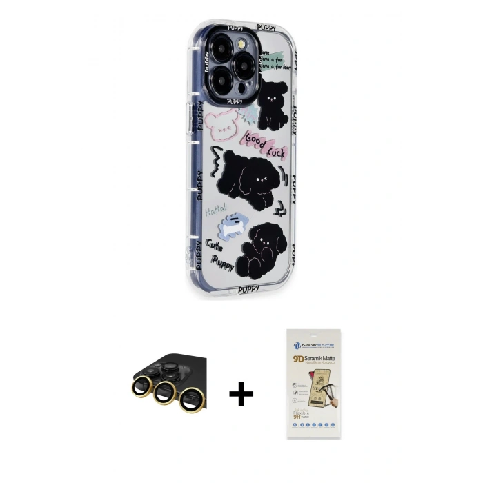 MARSİLYAN™- iPhone 14 Pro Max Kılıf Ahenk Modern Serisi - Siyah Mat Seramik Nano Ekran Koruyucu + Raze Metal Kamera Lens - GD