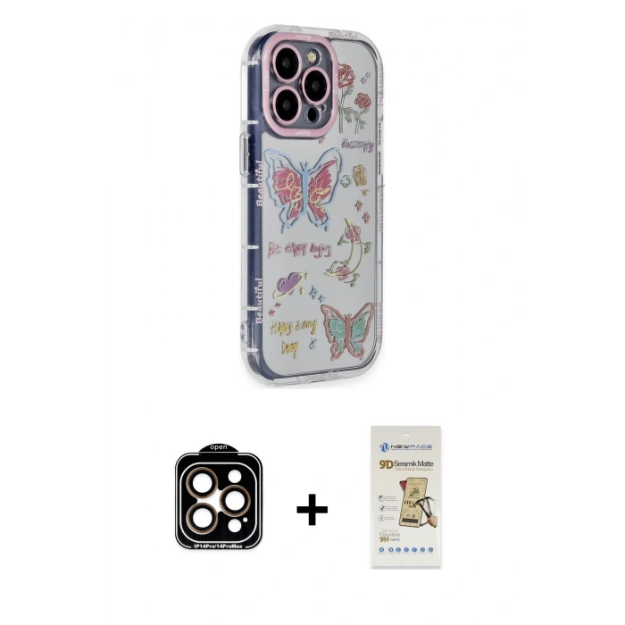 MARSİLYAN™- iPhone 14 Pro Max Kılıf Ahenk Modern Serisi - Siyah Mat Seramik Nano Ekran Koruyucu + PVD Metal Kamera Lens - TU