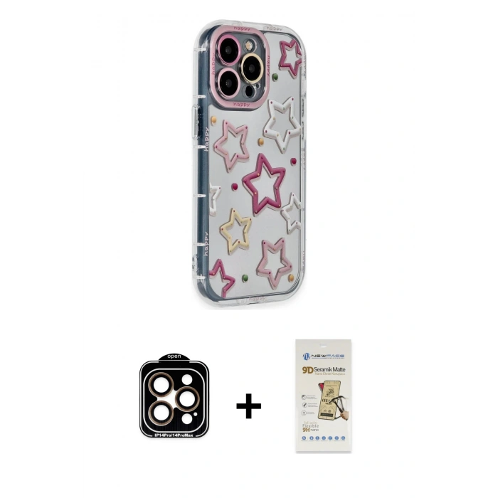 MARSİLYAN™- iPhone 14 Pro Max Kılıf Ahenk Modern Serisi - Siyah Mat Seramik Nano Ekran Koruyucu + PVD Metal Kamera Lens - TU