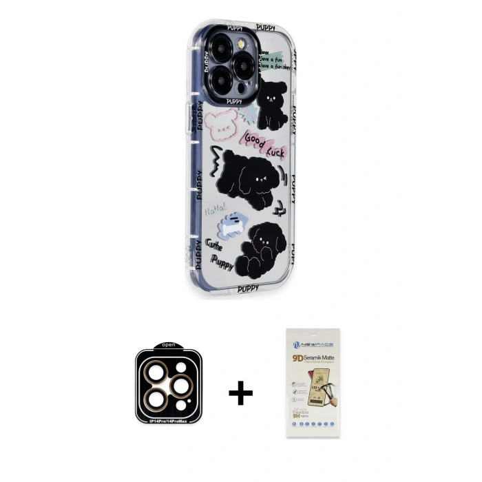 MARSİLYAN™- iPhone 14 Pro Max Kılıf Ahenk Modern Serisi - Siyah Mat Seramik Nano Ekran Koruyucu + PVD Metal Kamera Lens - TU