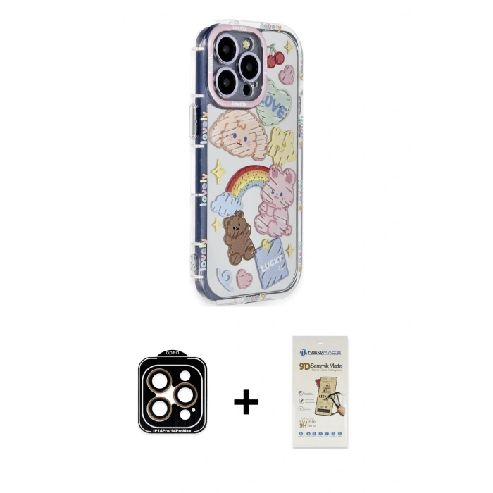 MARSİLYAN™- iPhone 14 Pro Max Kılıf Ahenk Modern Serisi - Siyah Mat Seramik Nano Ekran Koruyucu + PVD Metal Kamera Lens - TU