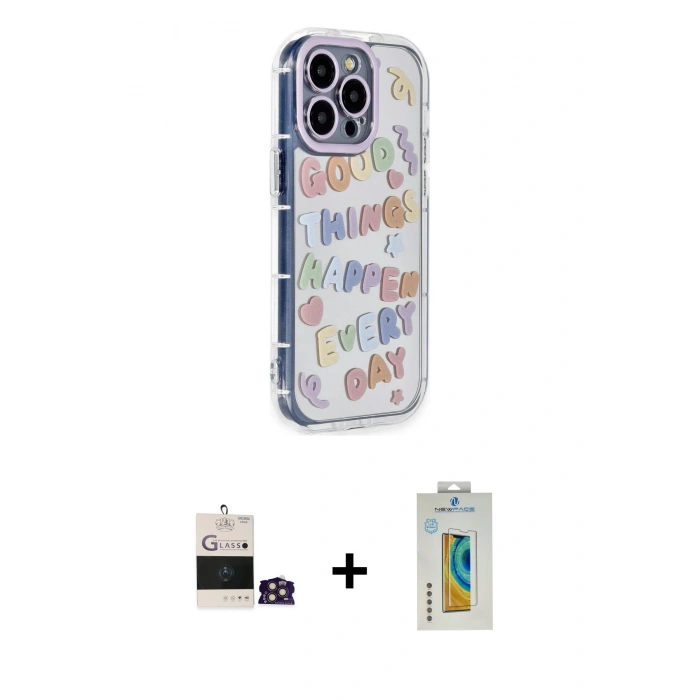 MARSİLYAN™- iPhone 14 Pro Max Kılıf Ahenk Modern Serisi - Siyah Polymer Nano Ekran Koruyucu + Bilvis Titan Kamera Lens - GD