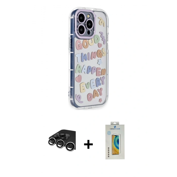 MARSİLYAN™- iPhone 14 Pro Max Kılıf Ahenk Modern Serisi - Siyah Polymer Nano Ekran Koruyucu + Raze Metal Kamera Lens - GS