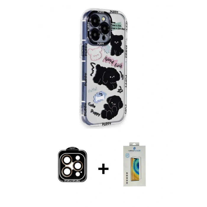 MARSİLYAN™- iPhone 14 Pro Max Kılıf Ahenk Modern Serisi - Siyah Polymer Nano Ekran Koruyucu + PVD Metal Kamera Lens - TU