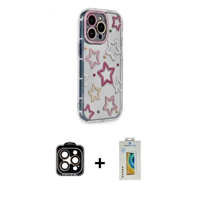 MARSİLYAN™- iPhone 14 Pro Max Kılıf Ahenk Modern Serisi - Siyah Polymer Nano Ekran Koruyucu + PVD Metal Kamera Lens - TU