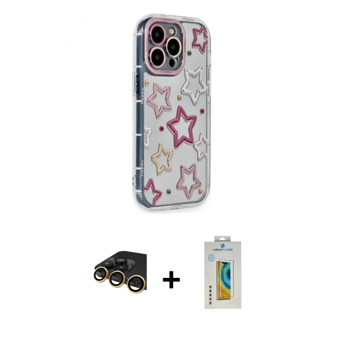 MARSİLYAN™- iPhone 14 Pro Max Kılıf Ahenk Modern Serisi - Siyah Polymer Nano Ekran Koruyucu + Raze Metal Kamera Lens - GD