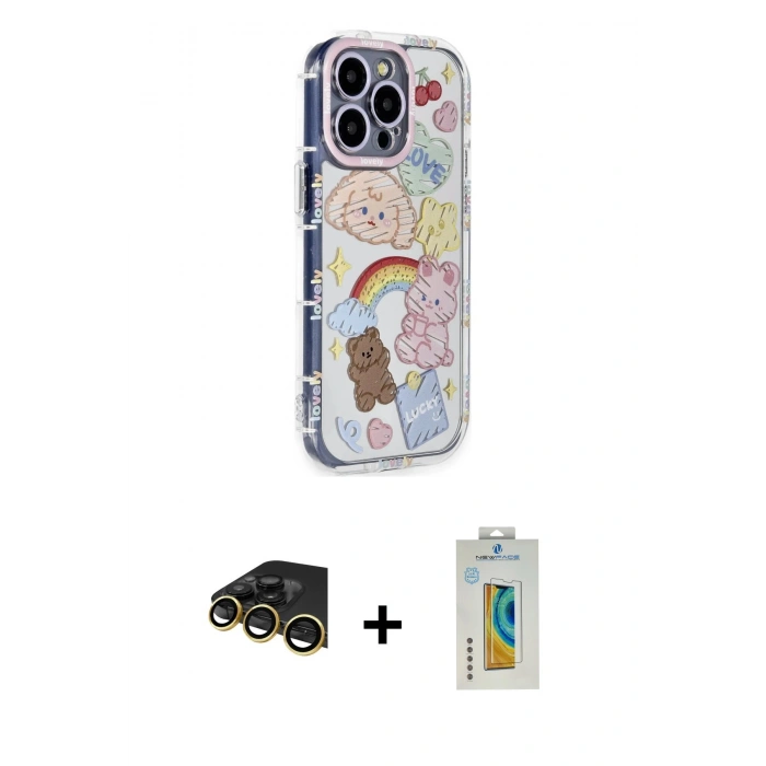 MARSİLYAN™- iPhone 14 Pro Max Kılıf Ahenk Modern Serisi - Siyah Polymer Nano Ekran Koruyucu + Raze Metal Kamera Lens - GD