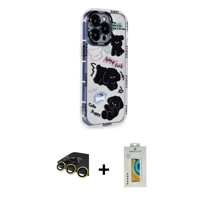 MARSİLYAN™- iPhone 14 Pro Max Kılıf Ahenk Modern Serisi - Siyah Polymer Nano Ekran Koruyucu + Raze Metal Kamera Lens - GD