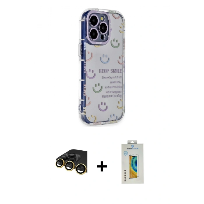 MARSİLYAN™- iPhone 14 Pro Max Kılıf Ahenk Modern Serisi - Siyah Polymer Nano Ekran Koruyucu + Raze Metal Kamera Lens - GD