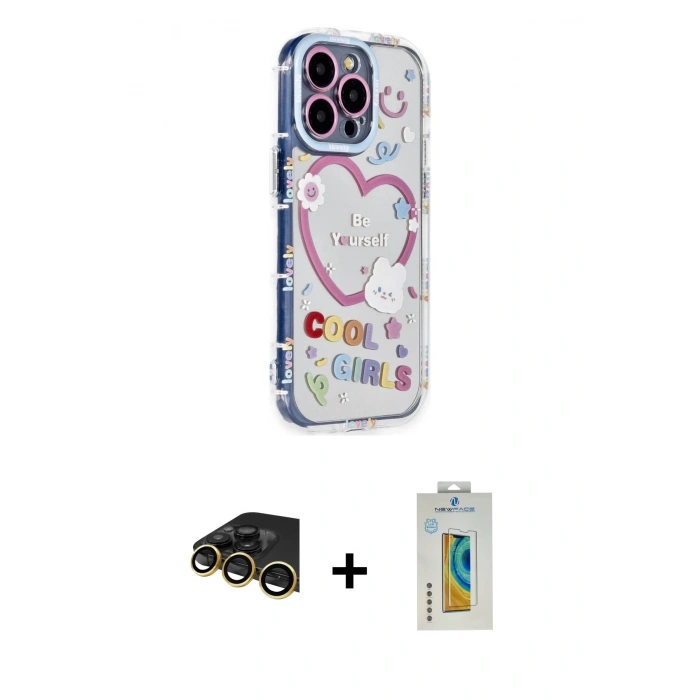 MARSİLYAN™- iPhone 14 Pro Max Kılıf Ahenk Modern Serisi - Siyah Polymer Nano Ekran Koruyucu + Raze Metal Kamera Lens - GD