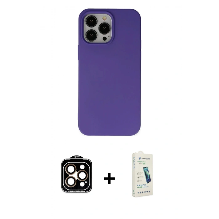 MARSİLYAN™- iPhone 14 Pro Max Kılıf Ahenk Serisi - Şeffaf Pasifik Cam Ekran Koruyucu + PVD Metal Kamera Lens - TU