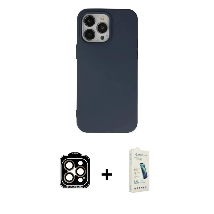 MARSİLYAN™- iPhone 14 Pro Max Kılıf Ahenk Serisi - Şeffaf Pasifik Cam Ekran Koruyucu + PVD Metal Kamera Lens - TU