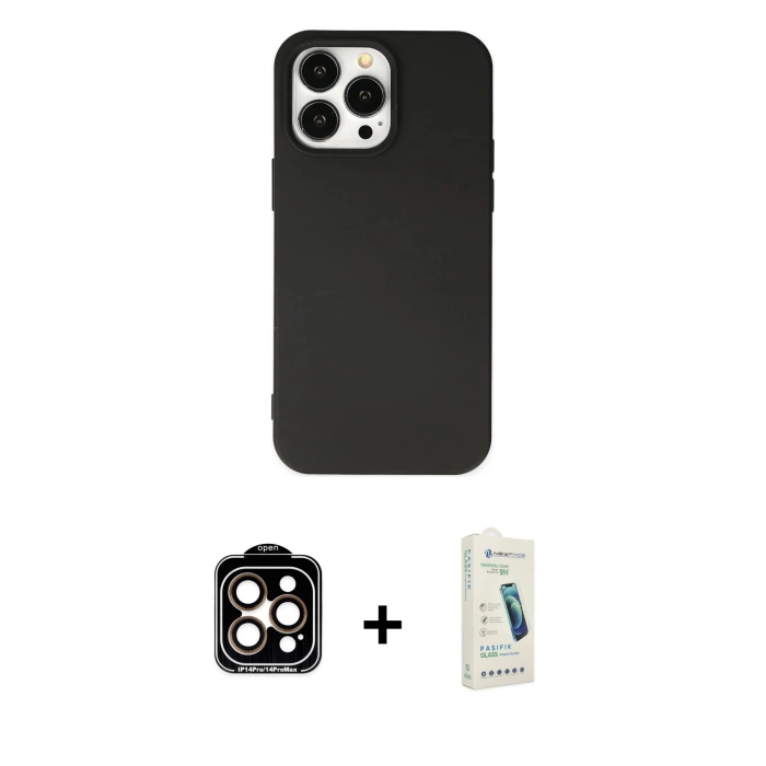 MARSİLYAN™- iPhone 14 Pro Max Kılıf Ahenk Serisi - Şeffaf Pasifik Cam Ekran Koruyucu + PVD Metal Kamera Lens - TU