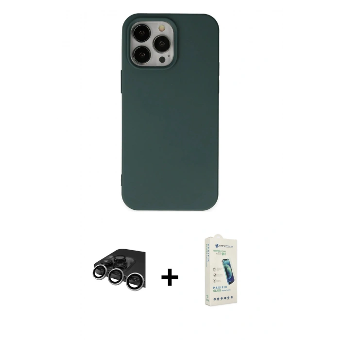MARSİLYAN™- iPhone 14 Pro Max Kılıf Ahenk Serisi - Şeffaf Pasifik Cam Ekran Koruyucu + Raze Metal Kamera Lens - GS