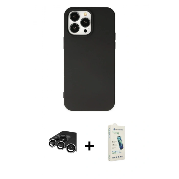 MARSİLYAN™- iPhone 14 Pro Max Kılıf Ahenk Serisi - Şeffaf Pasifik Cam Ekran Koruyucu + Raze Metal Kamera Lens - GS