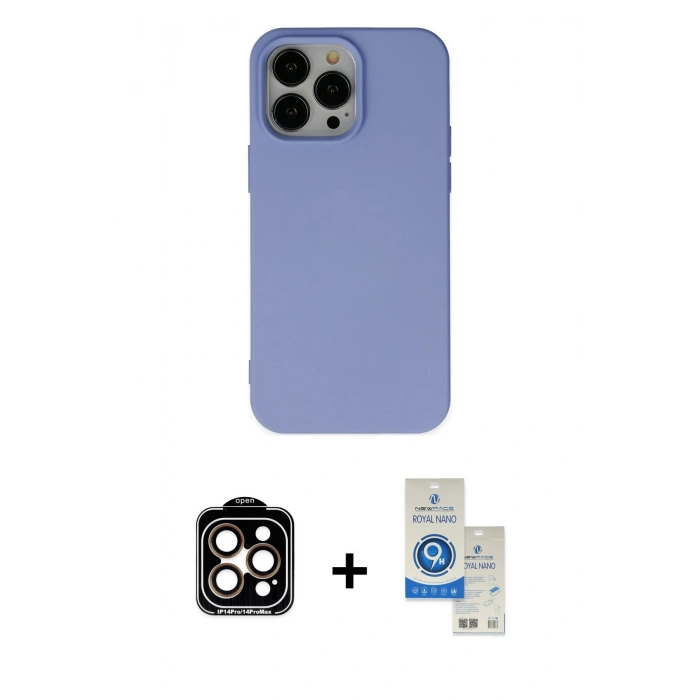 MARSİLYAN™- iPhone 14 Pro Max Kılıf Ahenk Serisi - Şeffaf Royal Nano Ekran Koruyucu + PVD Metal Kamera Lens - TU