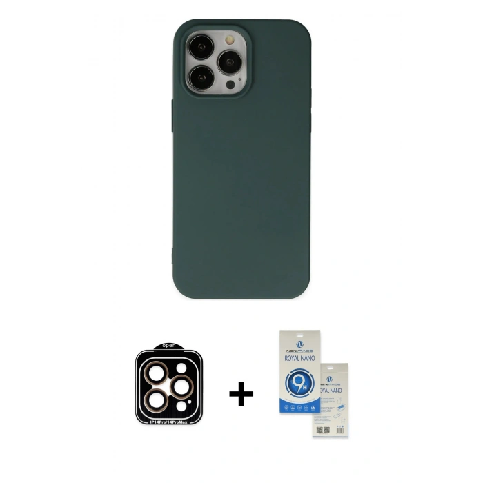 MARSİLYAN™- iPhone 14 Pro Max Kılıf Ahenk Serisi - Şeffaf Royal Nano Ekran Koruyucu + PVD Metal Kamera Lens - TU