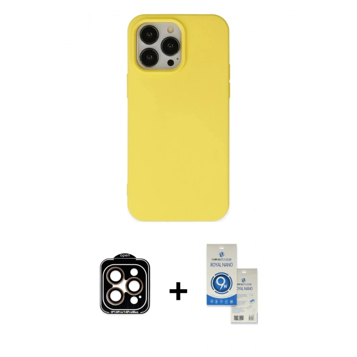 MARSİLYAN™- iPhone 14 Pro Max Kılıf Ahenk Serisi - Şeffaf Royal Nano Ekran Koruyucu + PVD Metal Kamera Lens - TU