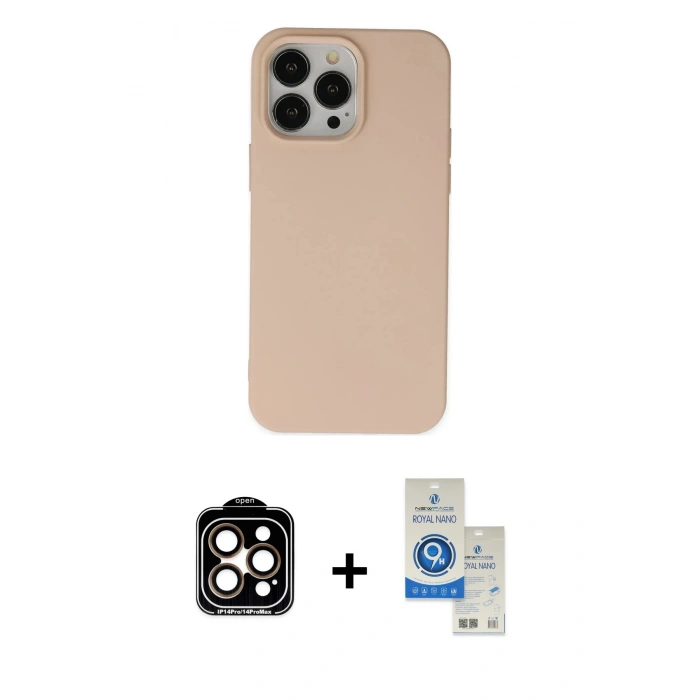 MARSİLYAN™- iPhone 14 Pro Max Kılıf Ahenk Serisi - Şeffaf Royal Nano Ekran Koruyucu + PVD Metal Kamera Lens - TU