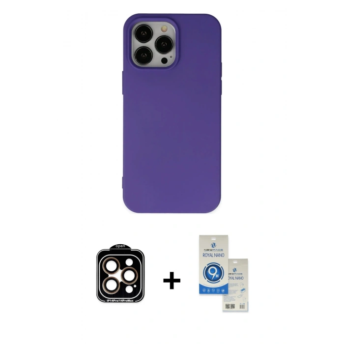 MARSİLYAN™- iPhone 14 Pro Max Kılıf Ahenk Serisi - Şeffaf Royal Nano Ekran Koruyucu + PVD Metal Kamera Lens - TU