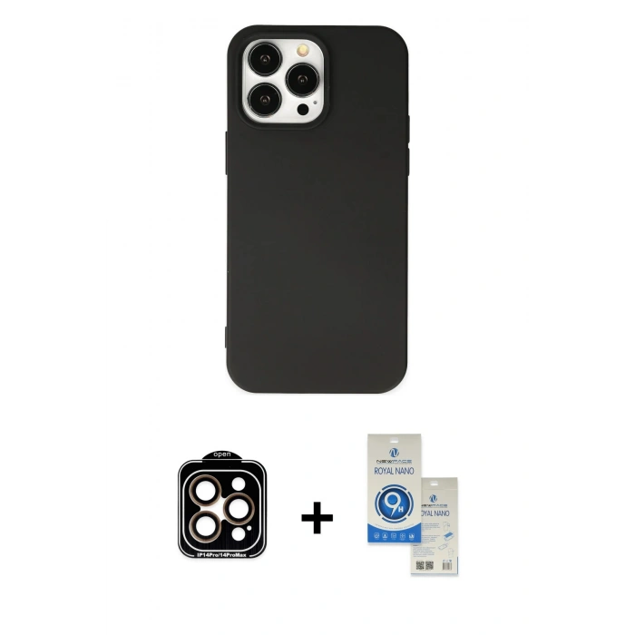 MARSİLYAN™- iPhone 14 Pro Max Kılıf Ahenk Serisi - Şeffaf Royal Nano Ekran Koruyucu + PVD Metal Kamera Lens - TU