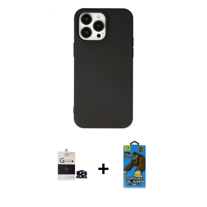 MARSİLYAN™- iPhone 14 Pro Max Kılıf Ahenk Serisi - Siyah 18D Cam Ekran Koruyucu + Bilvis Titan Kamera Lens - SH