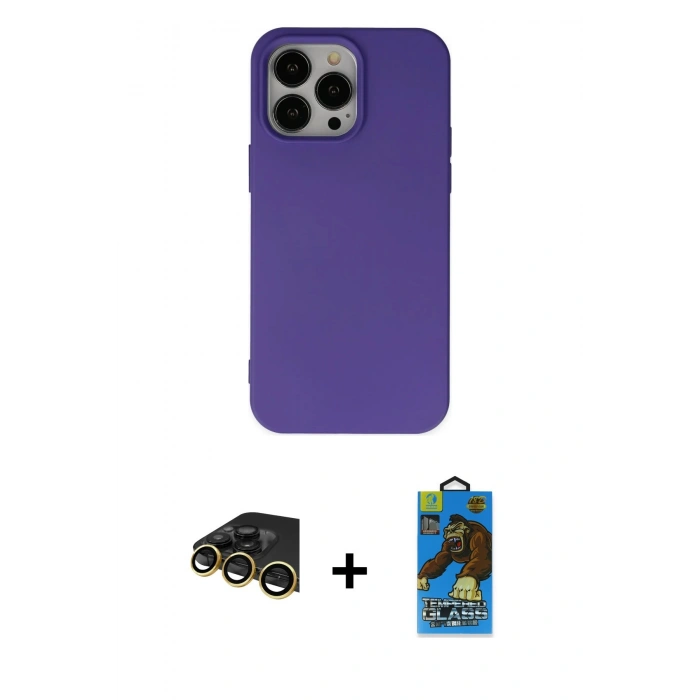 MARSİLYAN™- iPhone 14 Pro Max Kılıf Ahenk Serisi - Siyah 18D Cam Ekran Koruyucu + Raze Metal Kamera Lens - GD