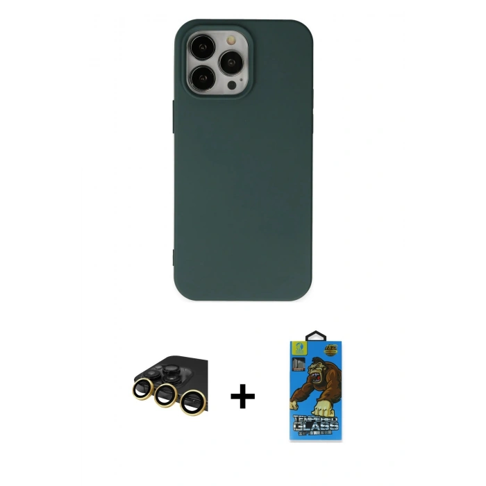 MARSİLYAN™- iPhone 14 Pro Max Kılıf Ahenk Serisi - Siyah 18D Cam Ekran Koruyucu + Raze Metal Kamera Lens - GD