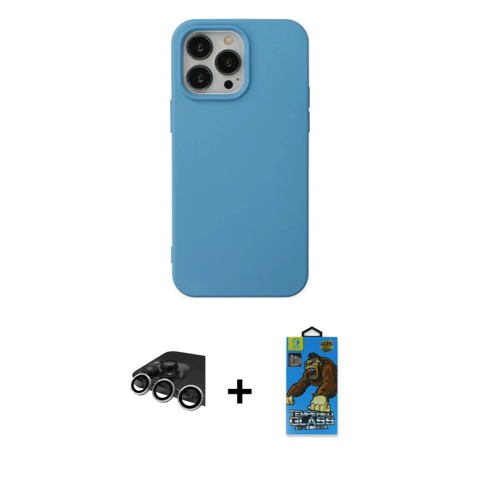 MARSİLYAN™- iPhone 14 Pro Max Kılıf Ahenk Serisi - Siyah 18D Cam Ekran Koruyucu + Raze Metal Kamera Lens - GS
