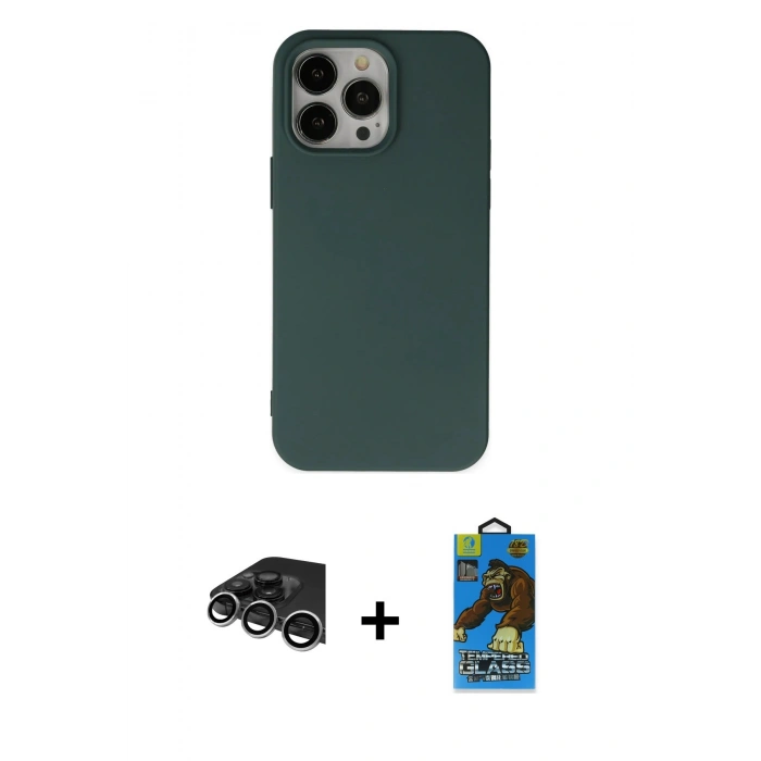 MARSİLYAN™- iPhone 14 Pro Max Kılıf Ahenk Serisi - Siyah 18D Cam Ekran Koruyucu + Raze Metal Kamera Lens - GS