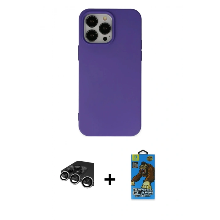 MARSİLYAN™- iPhone 14 Pro Max Kılıf Ahenk Serisi - Siyah 18D Cam Ekran Koruyucu + Raze Metal Kamera Lens - GS