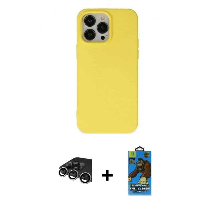 MARSİLYAN™- iPhone 14 Pro Max Kılıf Ahenk Serisi - Siyah 18D Cam Ekran Koruyucu + Raze Metal Kamera Lens - GS