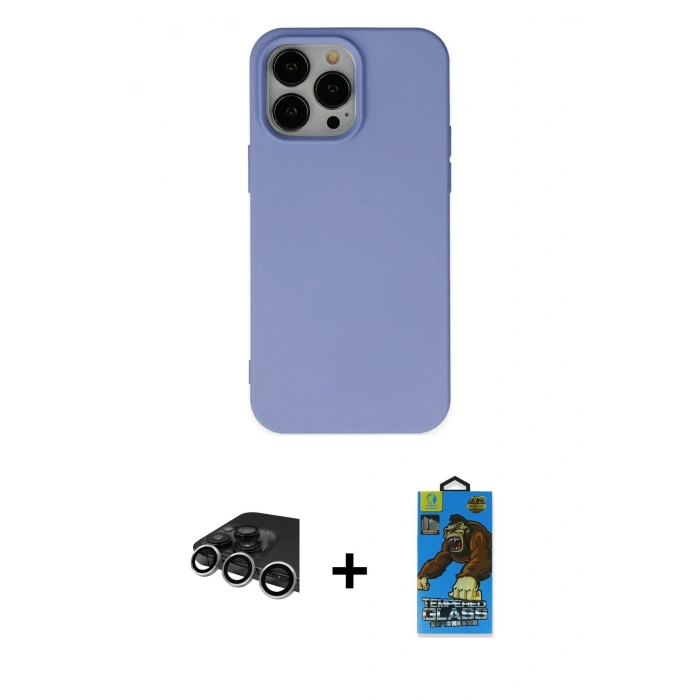 MARSİLYAN™- iPhone 14 Pro Max Kılıf Ahenk Serisi - Siyah 18D Cam Ekran Koruyucu + Raze Metal Kamera Lens - GS