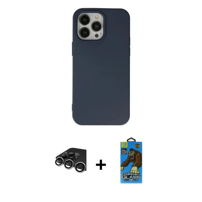 MARSİLYAN™- iPhone 14 Pro Max Kılıf Ahenk Serisi - Siyah 18D Cam Ekran Koruyucu + Raze Metal Kamera Lens - GS