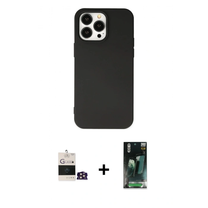 MARSİLYAN™- iPhone 14 Pro Max Kılıf Ahenk Serisi - Siyah 360 Mat Full Body Arka Koruyucu + Bilvis Titan Kamera Lens - GD