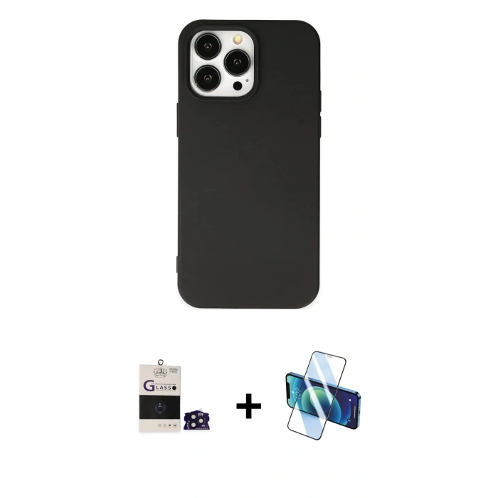MARSİLYAN™- iPhone 14 Pro Max Kılıf Ahenk Serisi - Siyah 3D Antistatik Cam Ekran Koruyucu + Bilvis Titan Kamera Lens - DNMR