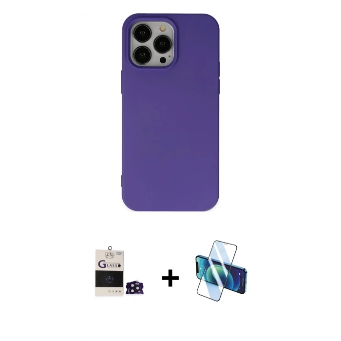 MARSİLYAN™- iPhone 14 Pro Max Kılıf Ahenk Serisi - Siyah 3D Antistatik Cam Ekran Koruyucu + Bilvis Titan Kamera Lens - DNMR
