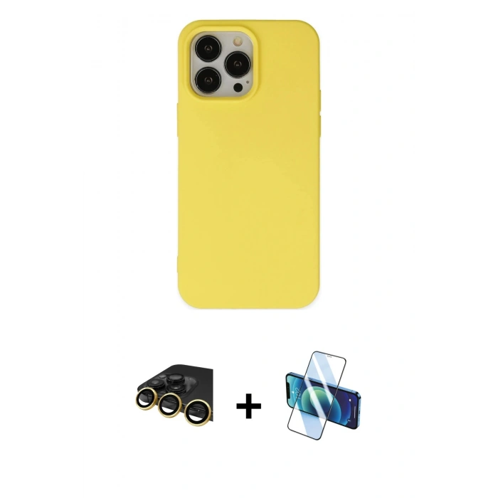 MARSİLYAN™- iPhone 14 Pro Max Kılıf Ahenk Serisi - Siyah 3D Antistatik Cam Ekran Koruyucu + Gold Raze Metal Kamera Lens