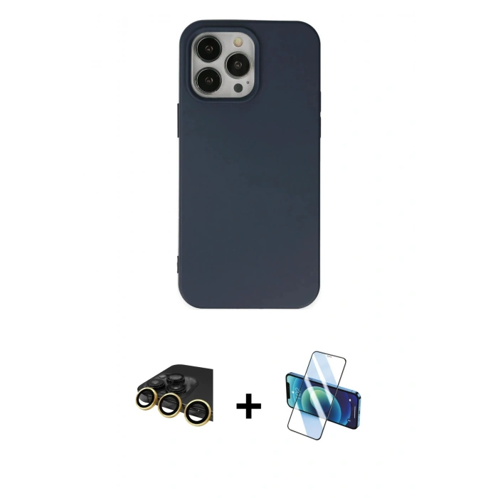 MARSİLYAN™- iPhone 14 Pro Max Kılıf Ahenk Serisi - Siyah 3D Antistatik Cam Ekran Koruyucu + Gold Raze Metal Kamera Lens
