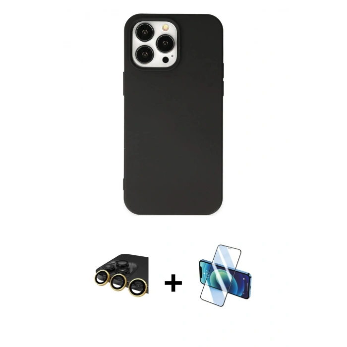 MARSİLYAN™- iPhone 14 Pro Max Kılıf Ahenk Serisi - Siyah 3D Antistatik Cam Ekran Koruyucu + Gold Raze Metal Kamera Lens