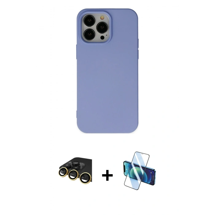 MARSİLYAN™- iPhone 14 Pro Max Kılıf Ahenk Serisi - Siyah 3D Antistatik Cam Ekran Koruyucu + Gold Raze Metal Kamera Lens
