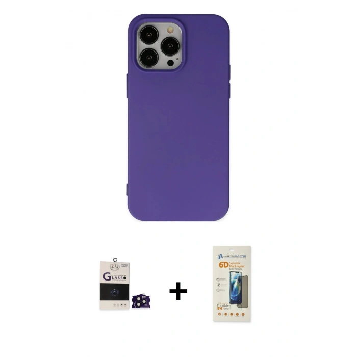 MARSİLYAN™- iPhone 14 Pro Max Kılıf Ahenk Serisi - Siyah 6D Mat Seramik Hayalet Nano Ekran Koruyucu + Bilvis Titan Kamera Lens - DNMR